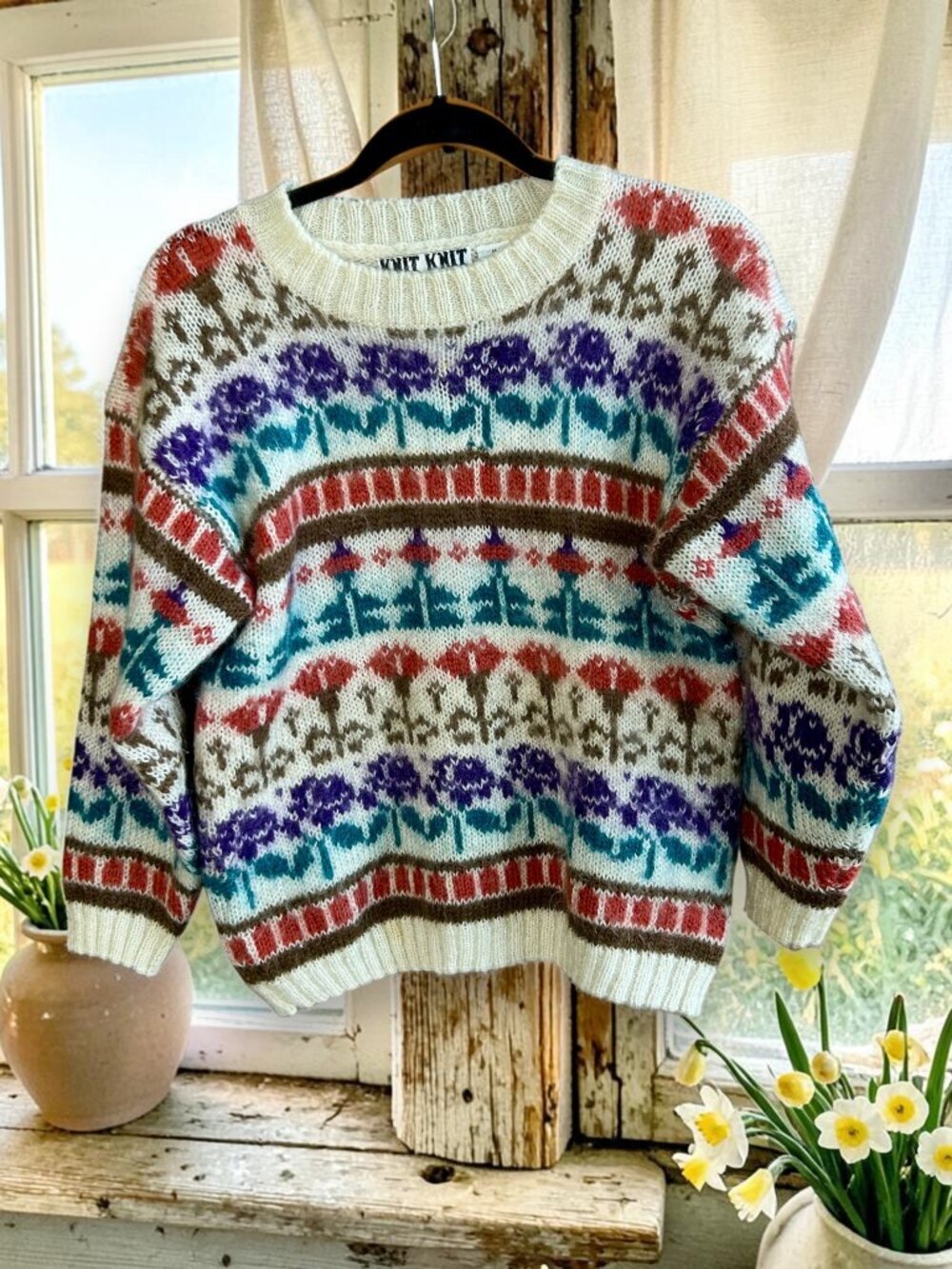 Vintage 90s Aztec Floral Print Mohair Blend Crewneck Sweater Knit Knit
